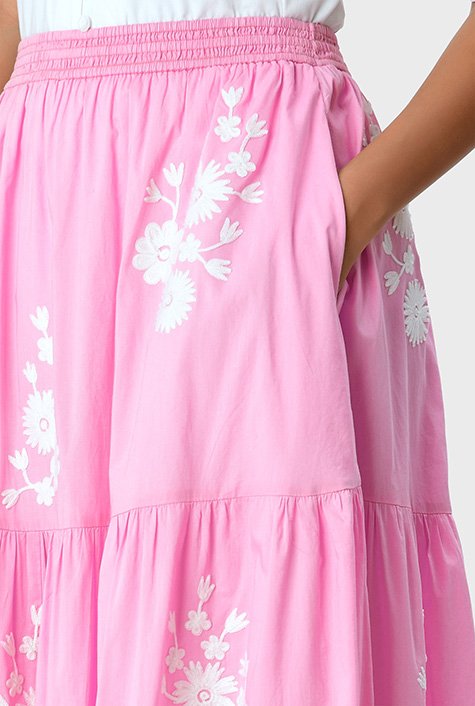 Shop Floral embroidery cotton voile tiered skirt | eShakti