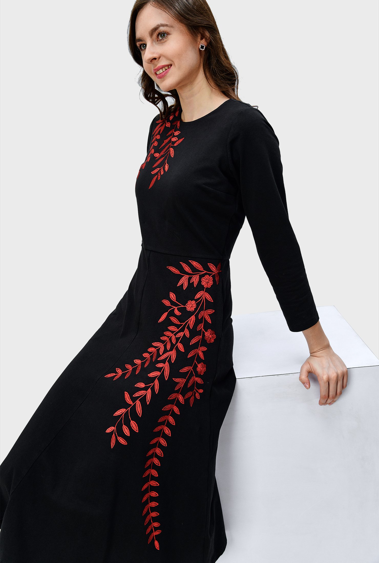 Shop Leafy vine embroidery cotton jersey dress | eShakti