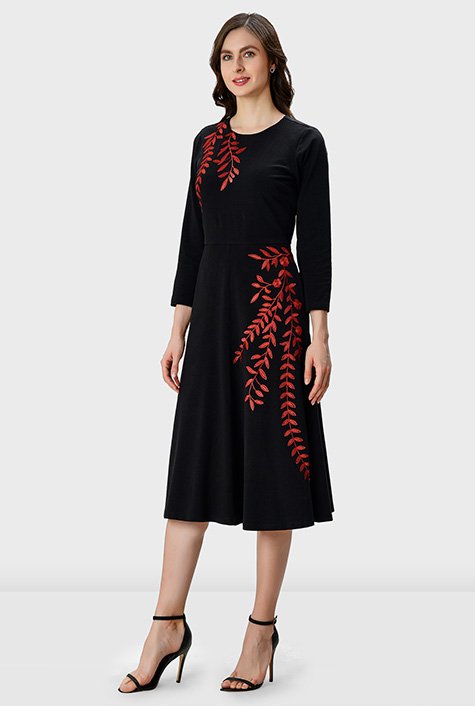 Shop Leafy vine embroidery cotton jersey dress | eShakti