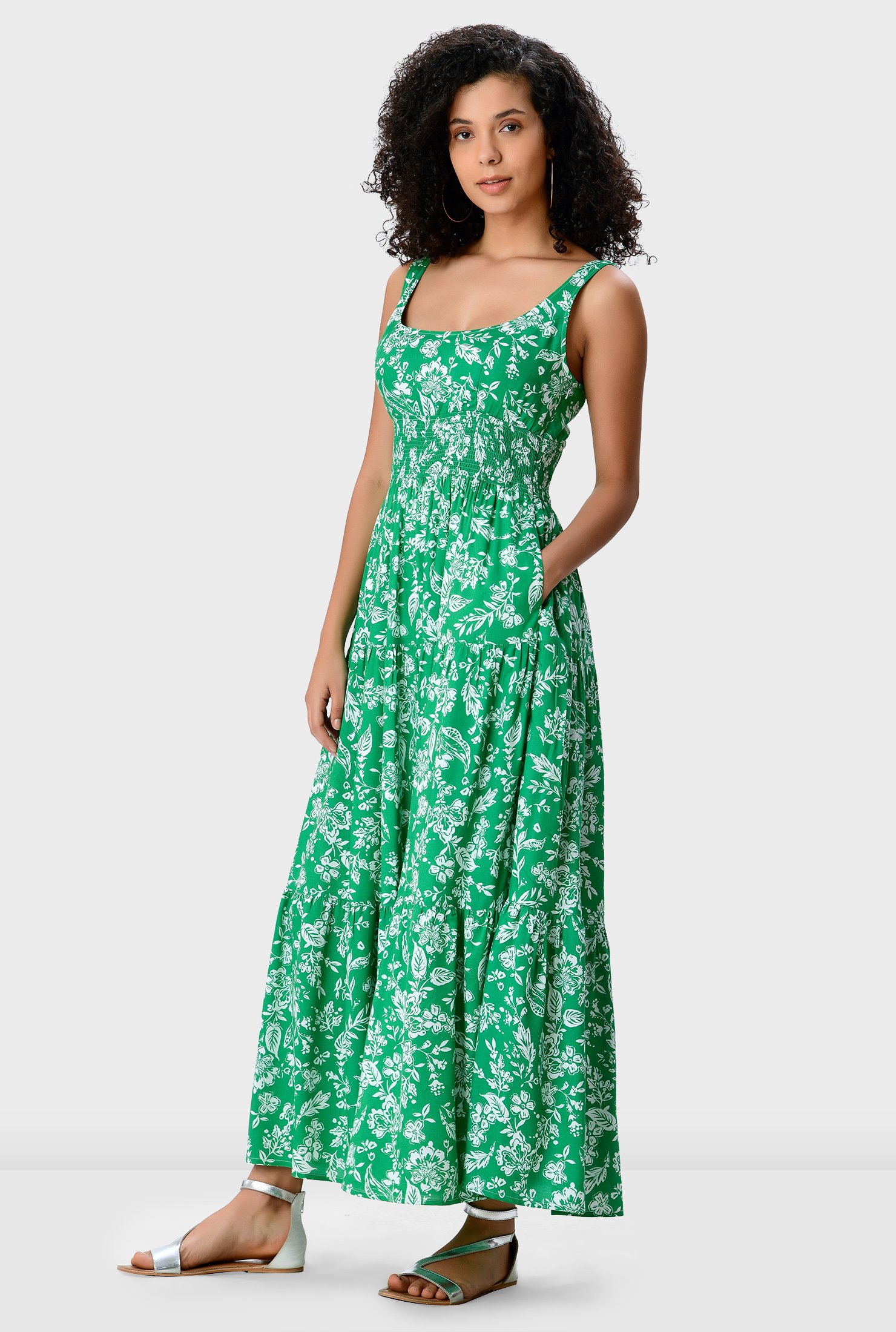 Shop Smocked empire floral print tiered dress | eShakti