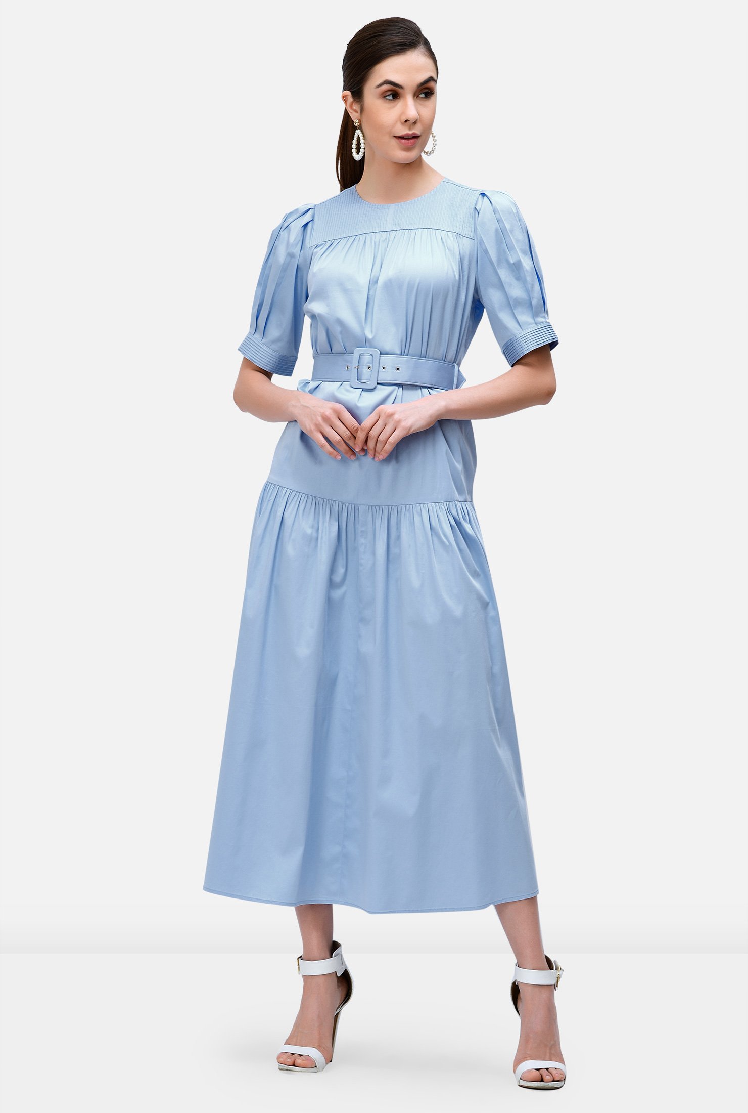 Shop Drop waist cotton sateen belted dress | eShakti