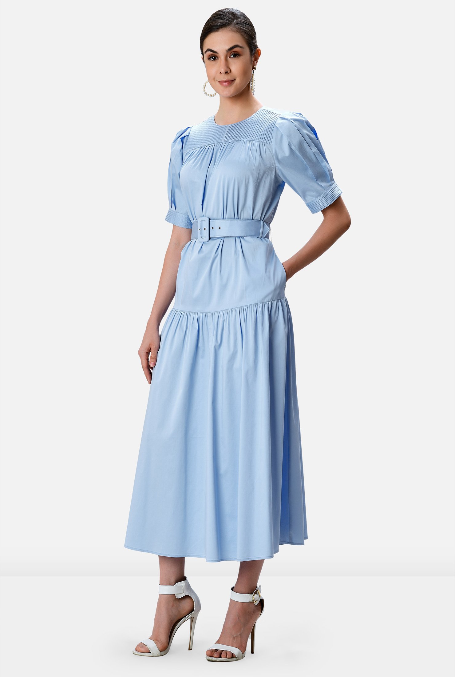 Shop Drop waist cotton sateen belted dress | eShakti