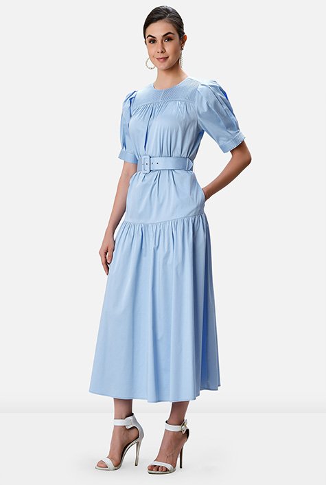 Drop waist cotton sateen belted dress