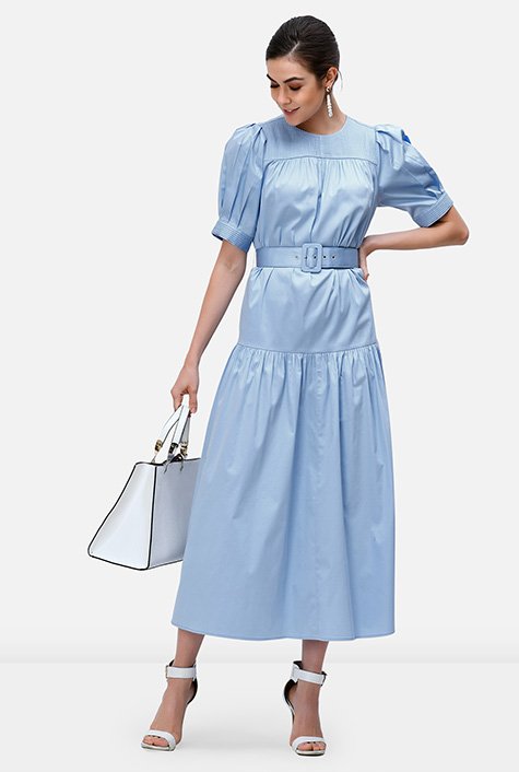 Drop waist cotton sateen belted dress