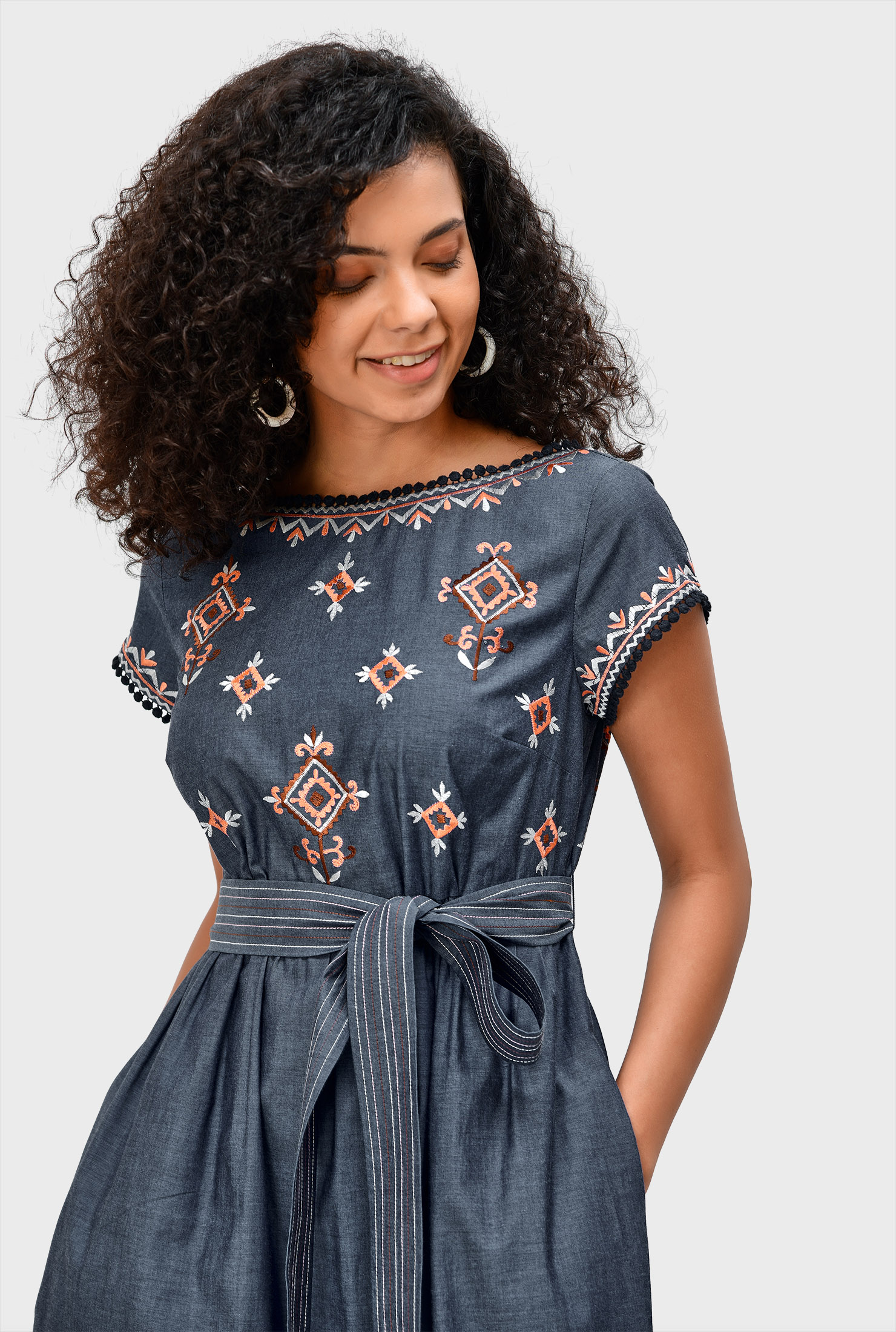 Shop Graphic embroidery lace trim cotton chambray dress | eShakti