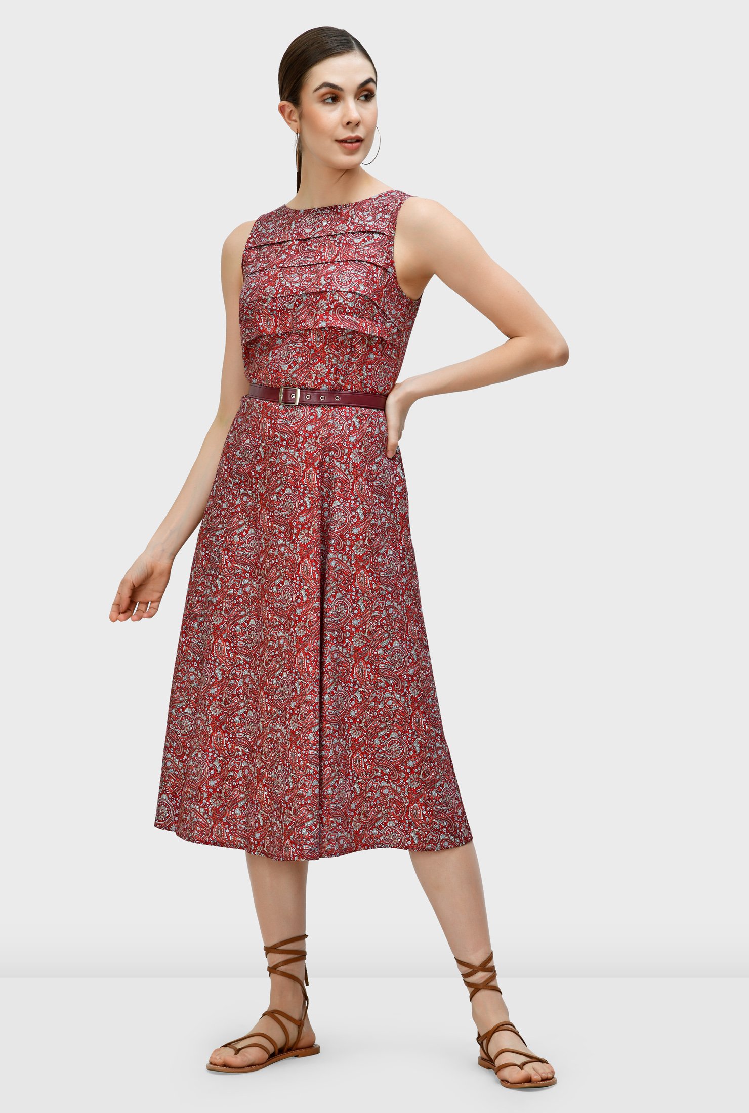 Shop Pleat front paisley print cotton belted dress | eShakti