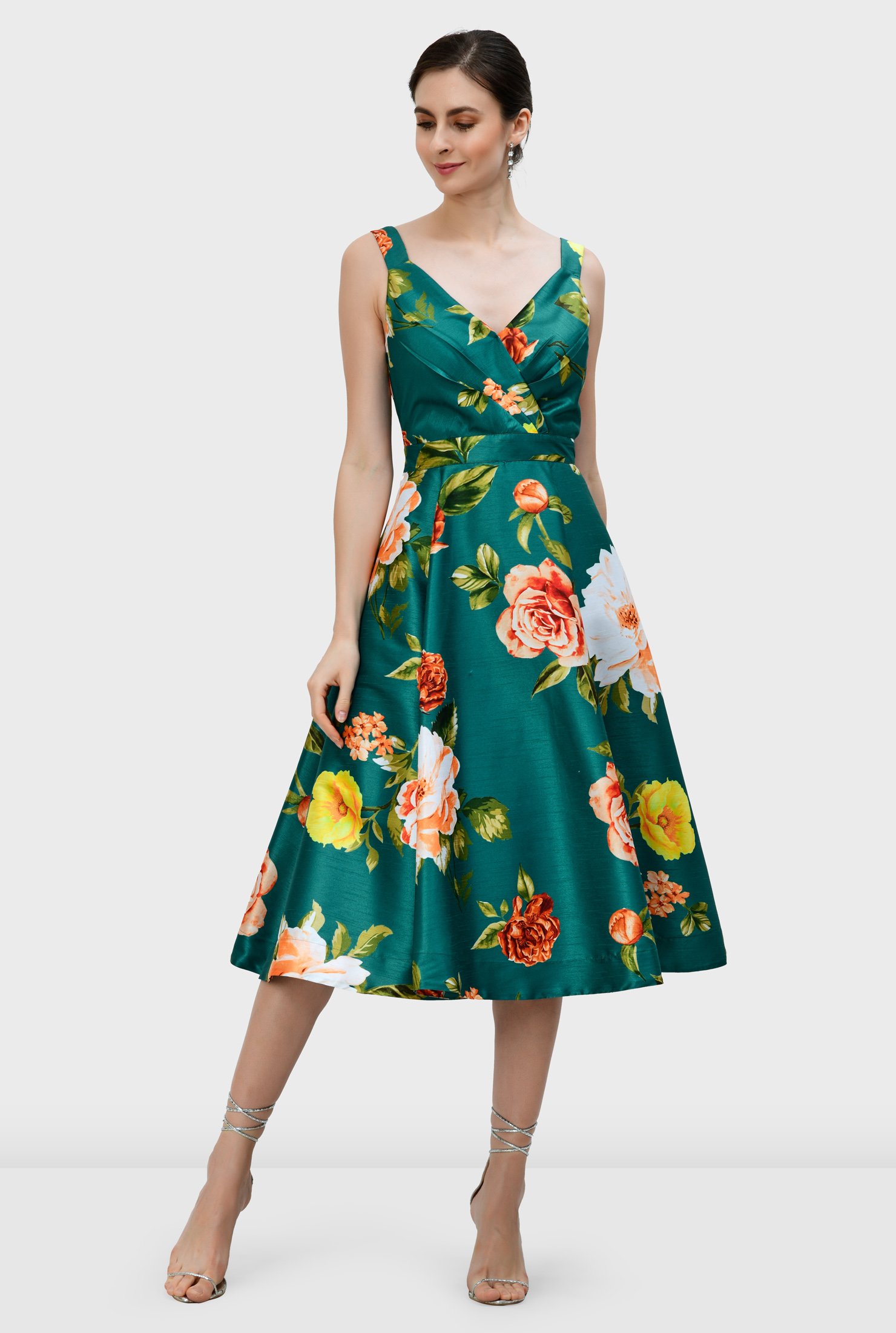 Shop Floral print dupioni surplice dress | eShakti