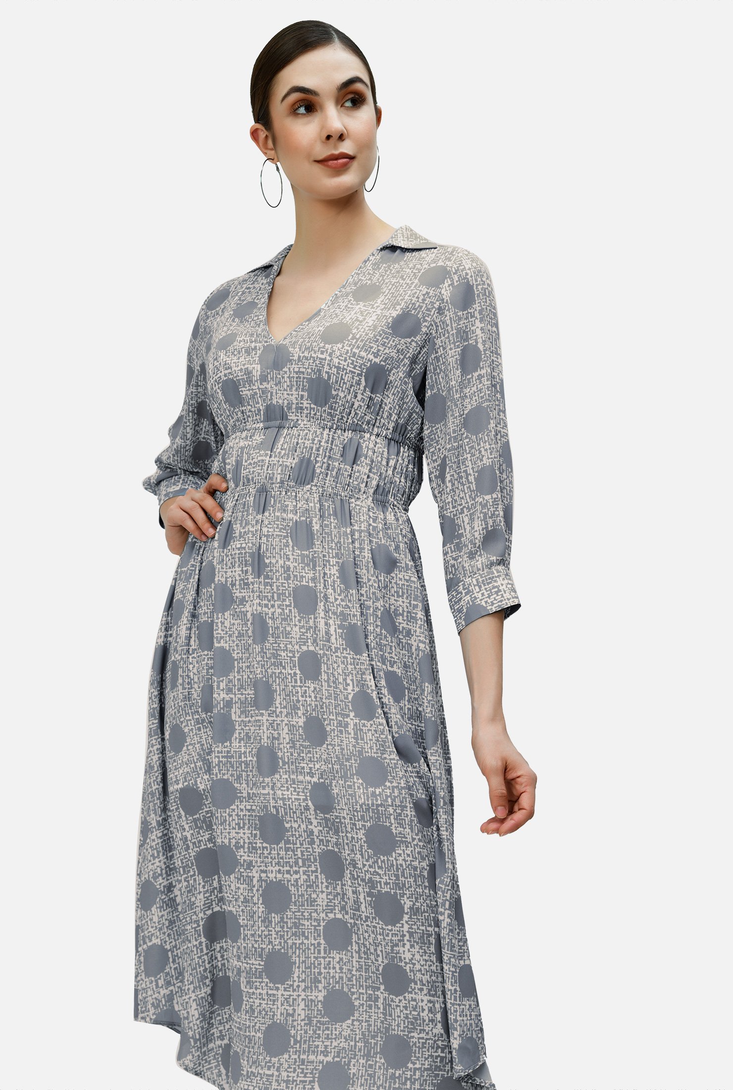 Shop Shirttail Hem Polka Dot Grid Print Crepe Dress 