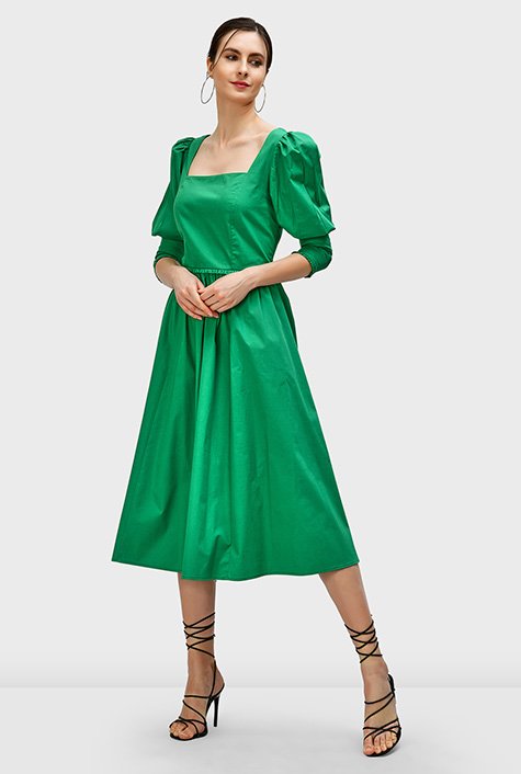 Shop Juliet sleeve ruffle frill trim cotton poplin dress | eShakti