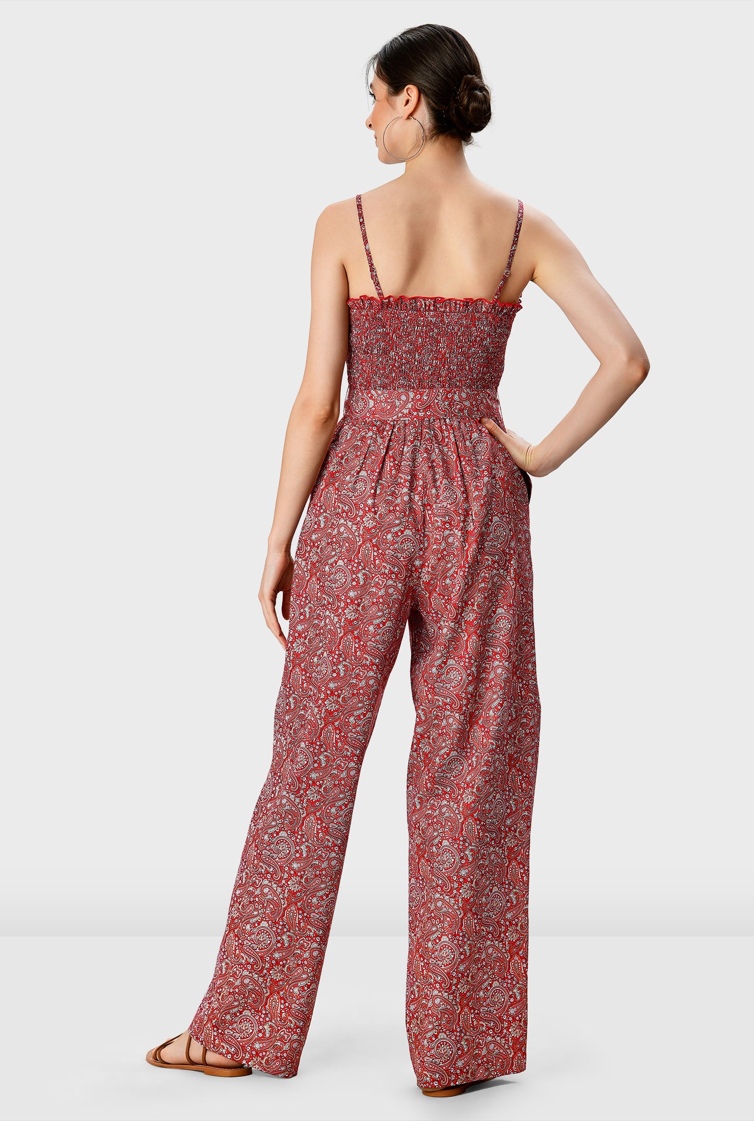 Shop Paisley print cotton smocked jumpsuit eShakti