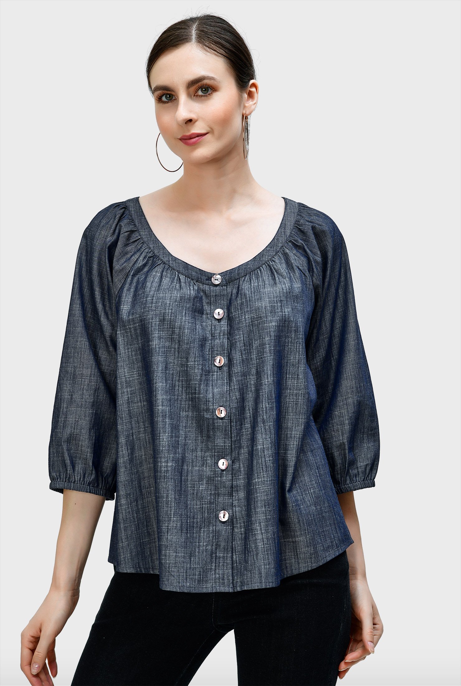 Shop Button front cotton chambray ruched blouse | eShakti