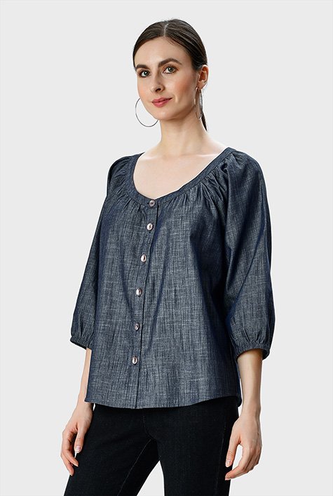 Shop Button front cotton chambray ruched blouse | eShakti