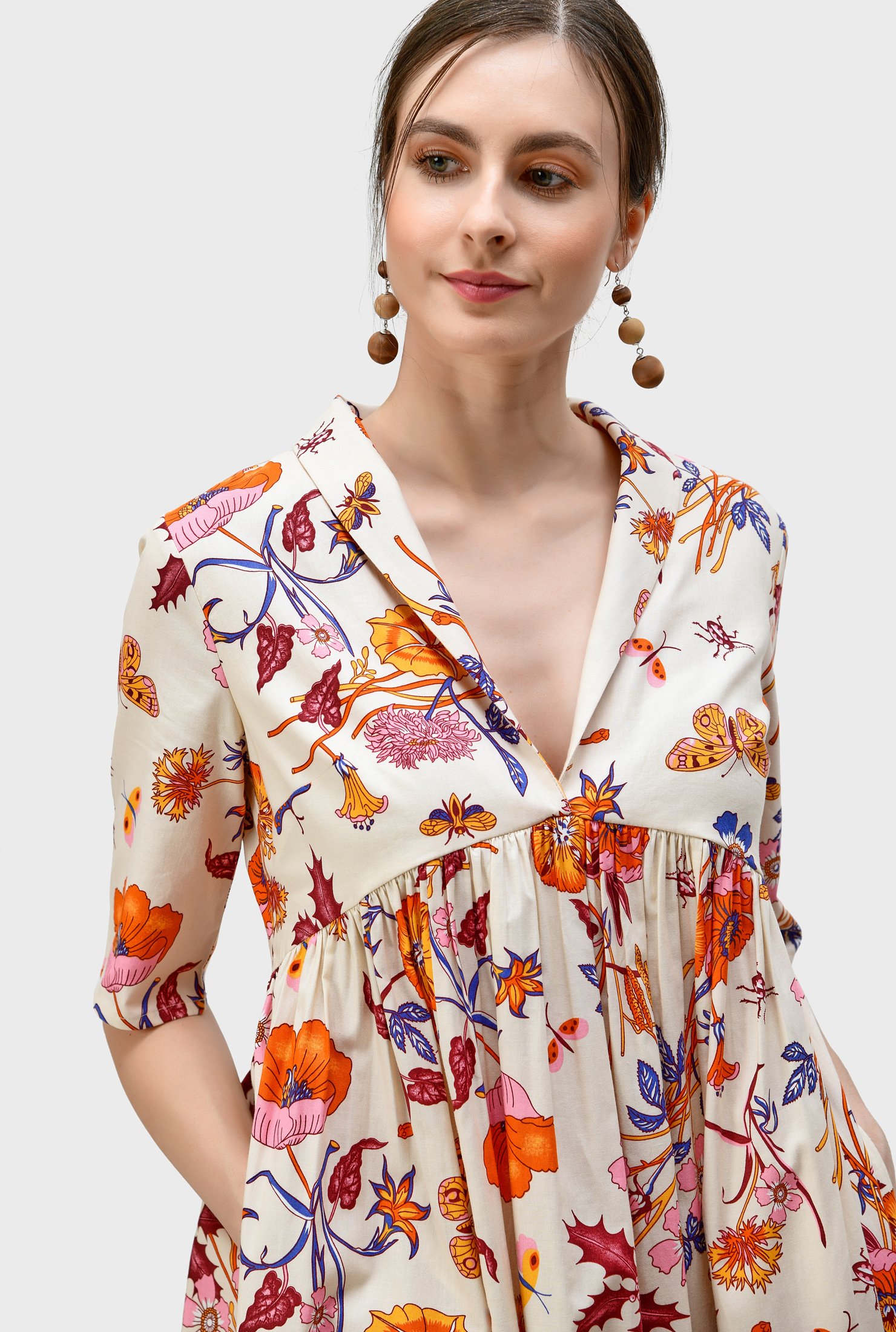 Shop Floral butterfly print cotton ruched empire dress | eShakti