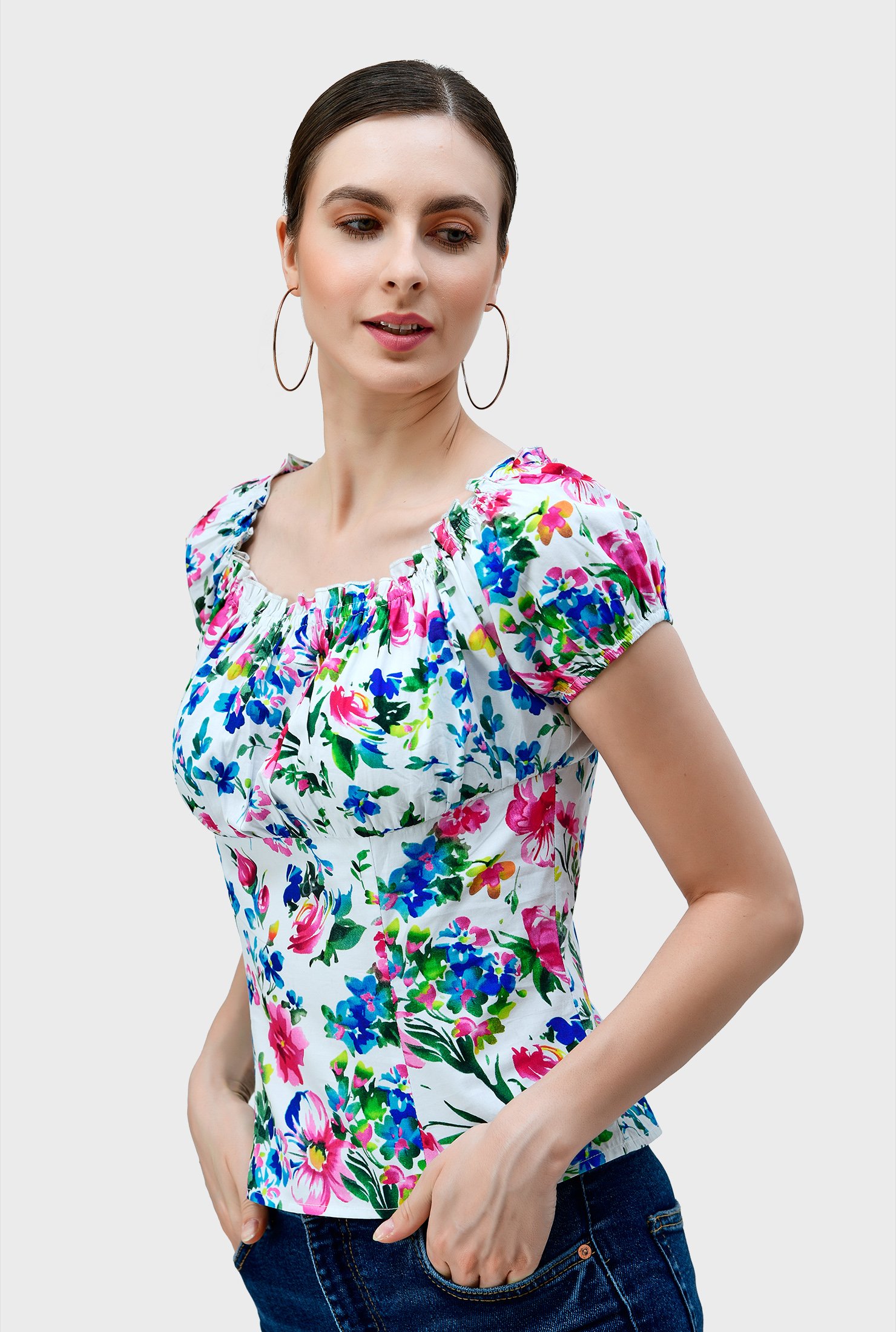 Shop Ruched Floral Print Cotton Poplin Blouse Eshakti 