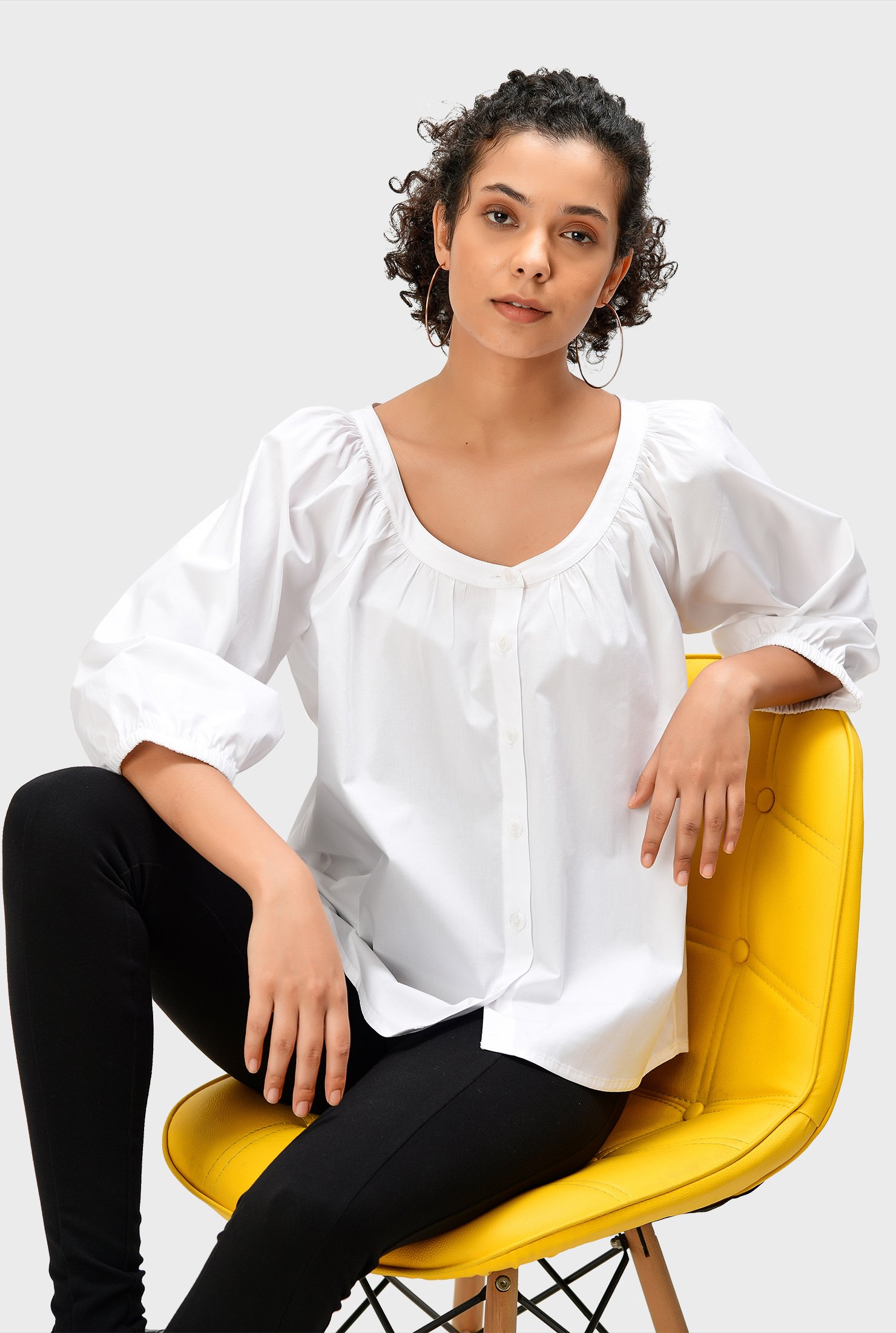 Shop Button front cotton poplin ruched blouse | eShakti