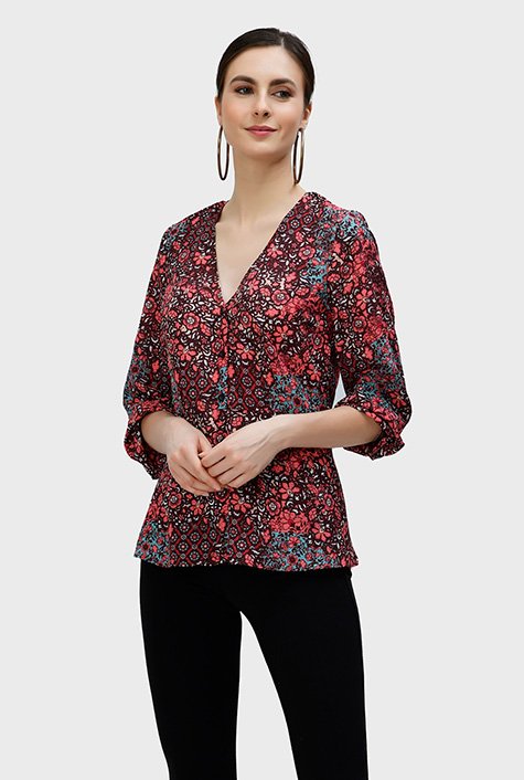 Shop Floral patch print crepe peplum shirt | eShakti