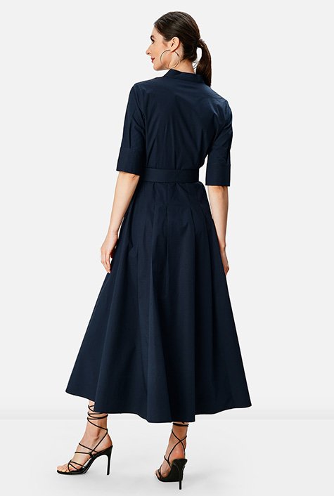 Maxi Length Belted Poplin Shirt Dress - Powder Blue
