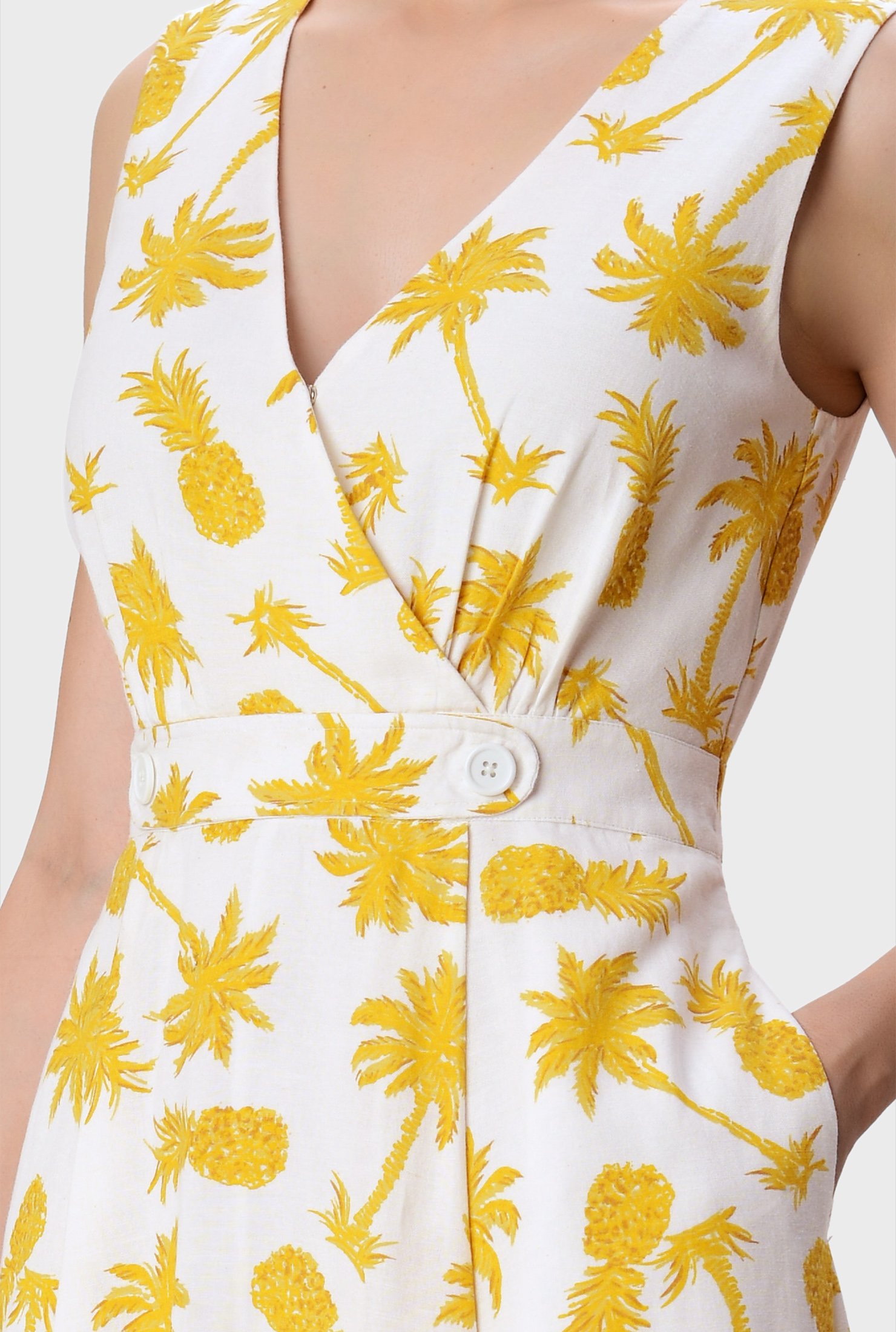Shop Tropical print cotton linen surplice dress | eShakti