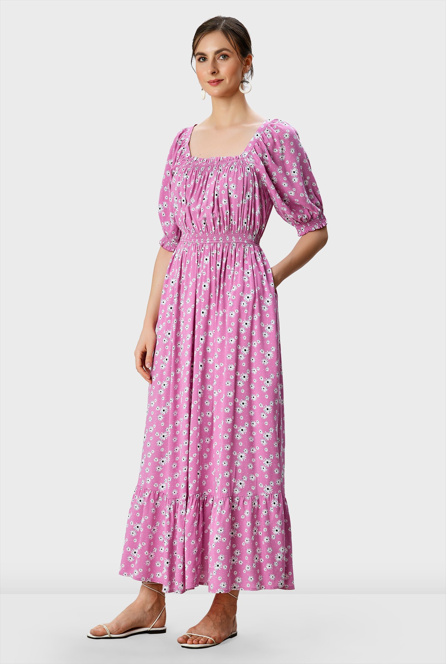 Shop Ruffle flounce floral print smocked dress | eShakti