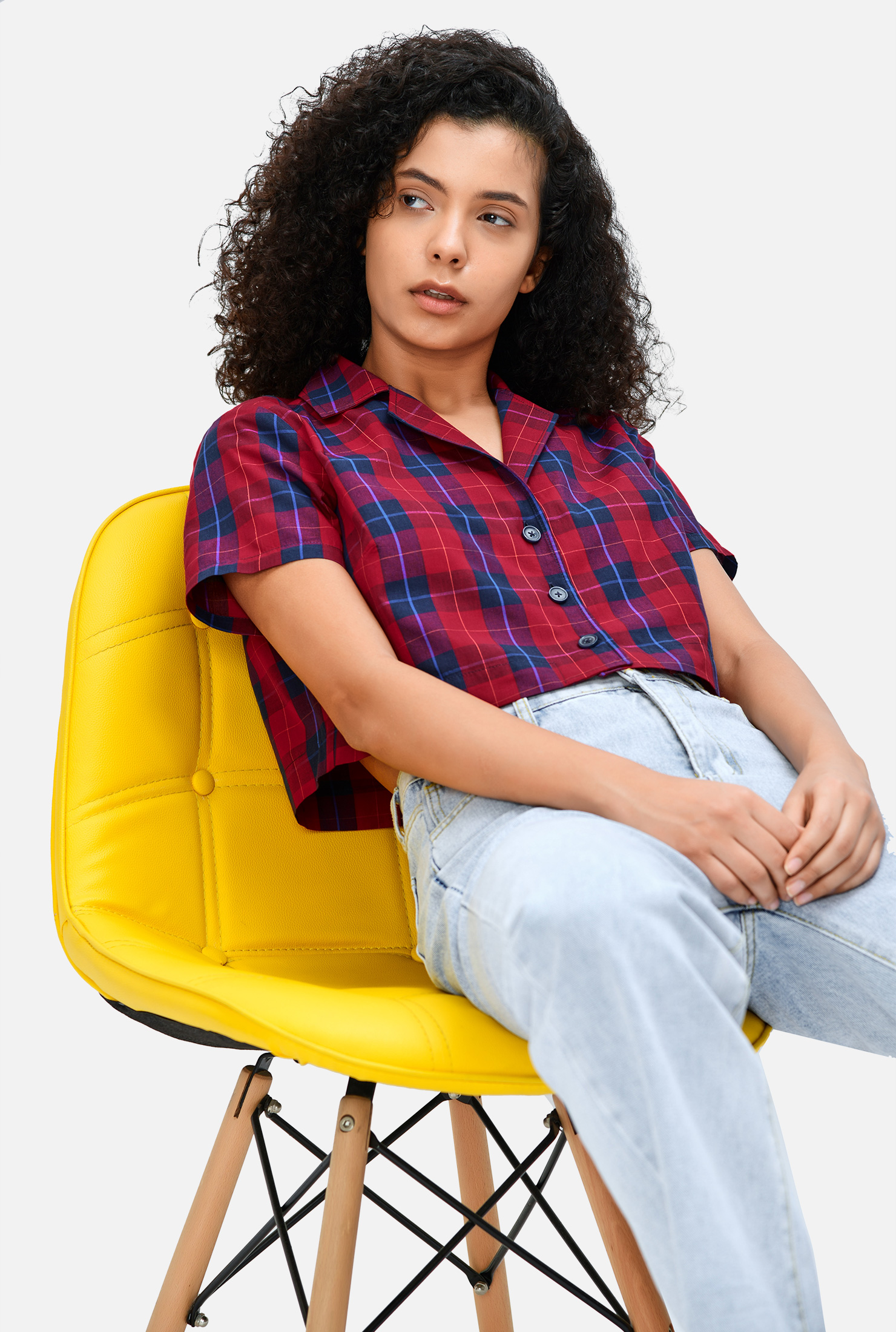 Shop Notch collar cotton check crop shirt eShakti