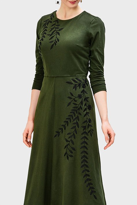 Olive Embroidered A-Line Midi Dress