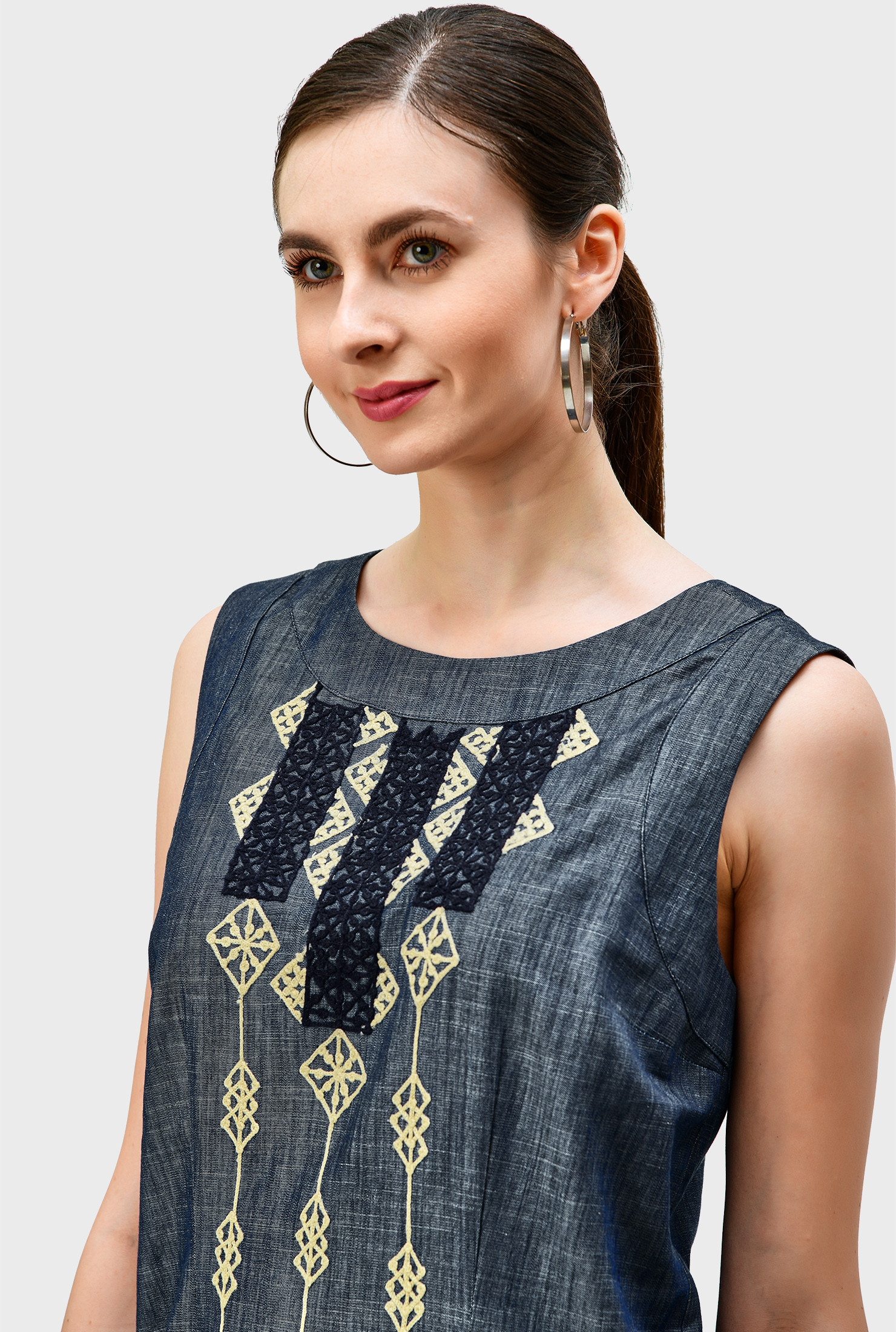 Shop Linear graphic embroidery cotton chambray shift dress eShakti