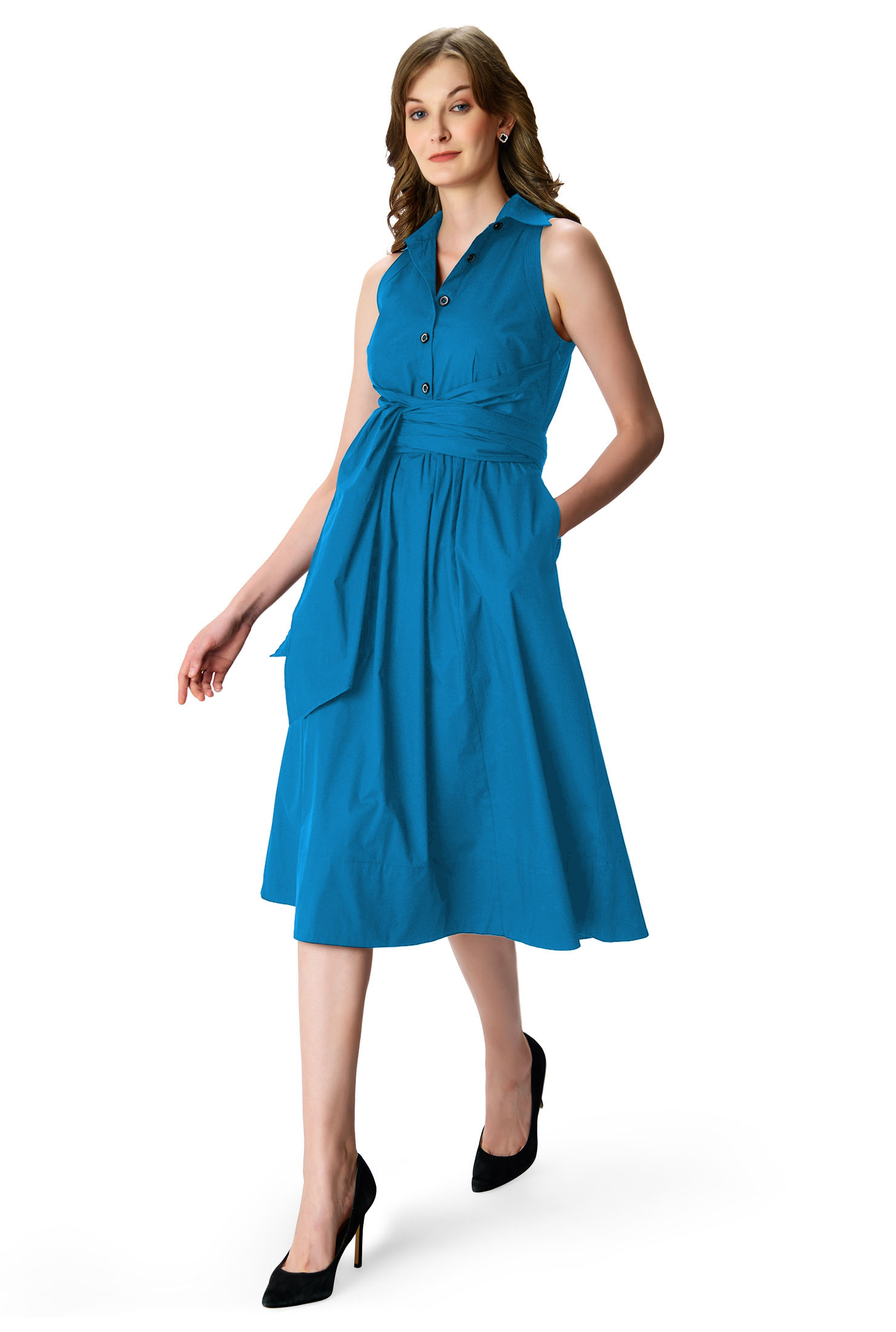 Shop Asymmetric tie waist cotton poplin shirtdress eShakti