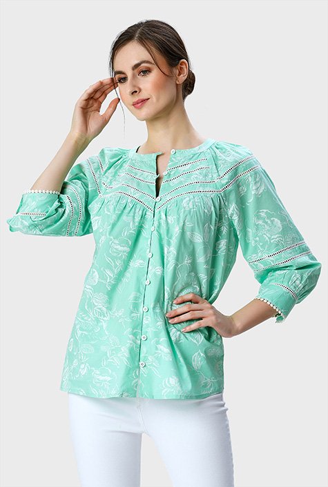 Shop Lattice trim floral print cotton ruched shirt | eShakti