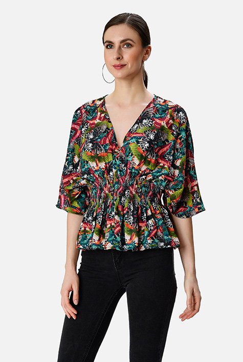 Shop Smocked waist tropical butterfly print crepe peplum top