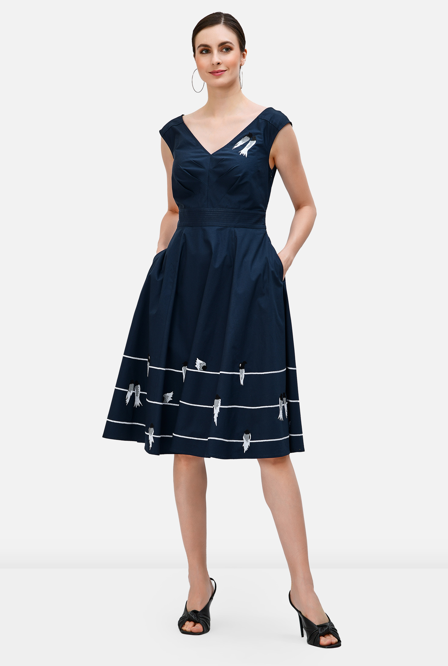 Shop Bird embroidery cotton poplin dress eShakti