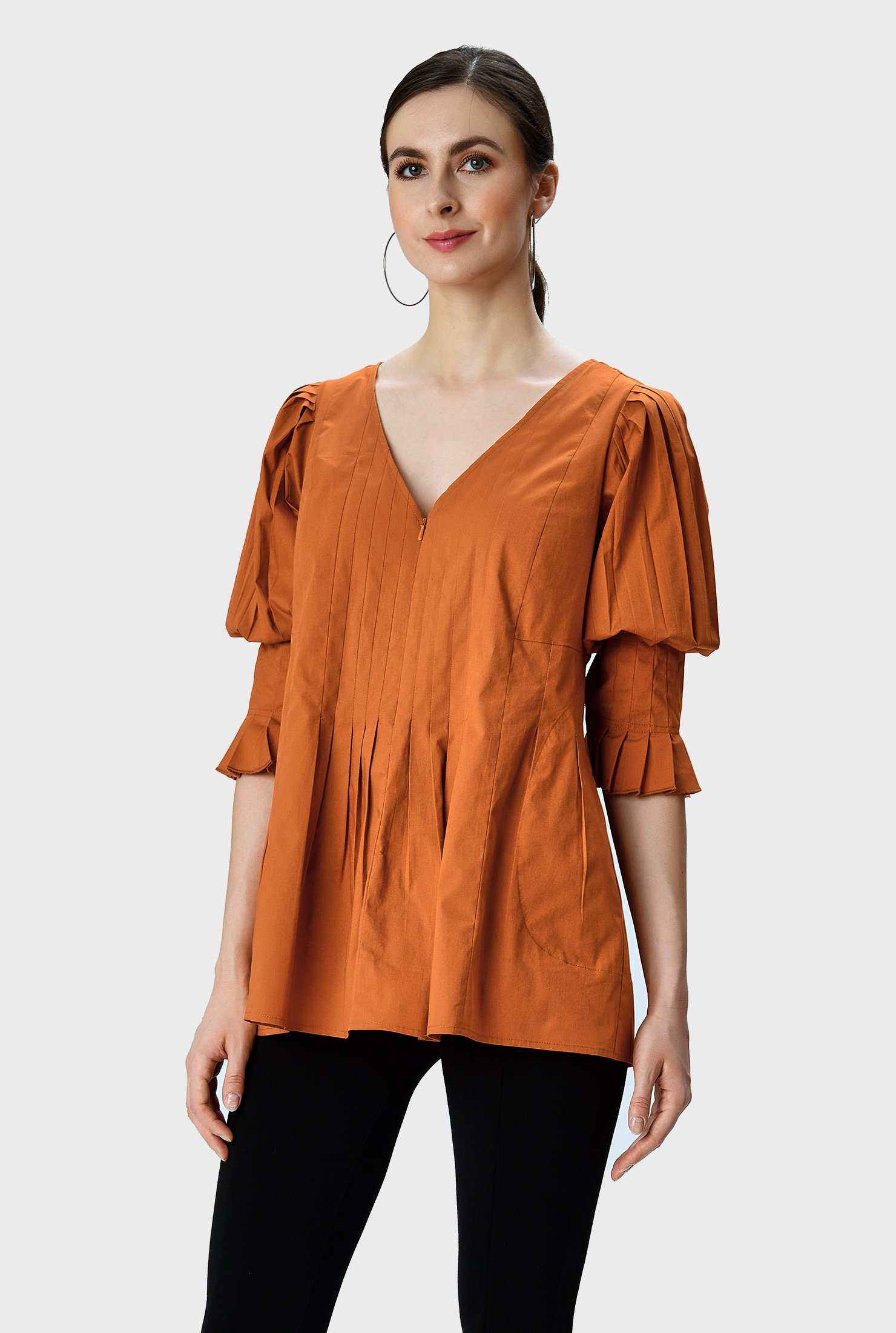 Shop Ruffle puff sleeve cotton poplin pleated top | eShakti