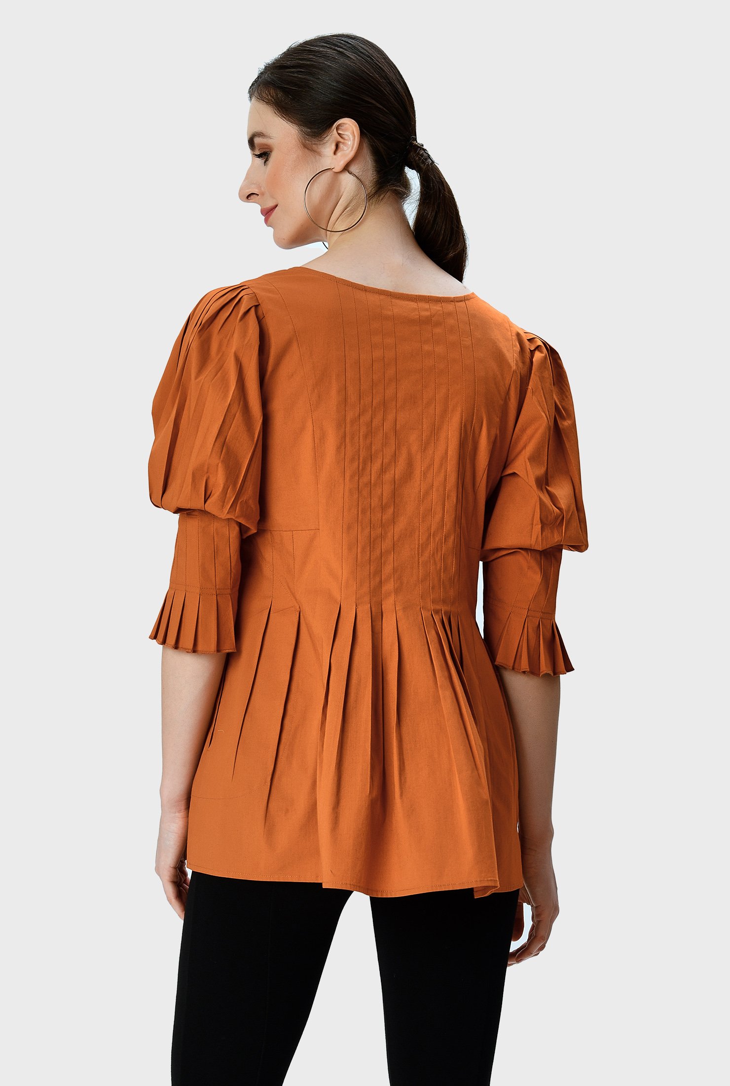 Shop Ruffle puff sleeve cotton poplin pleated top | eShakti