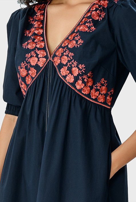 Floral embroidery cotton poplin empire dress