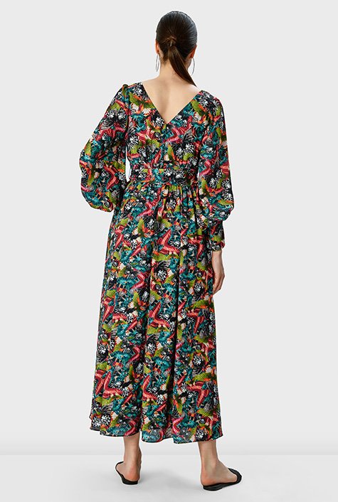 Shop Plunge tropical butterfly print crepe empire dress | eShakti