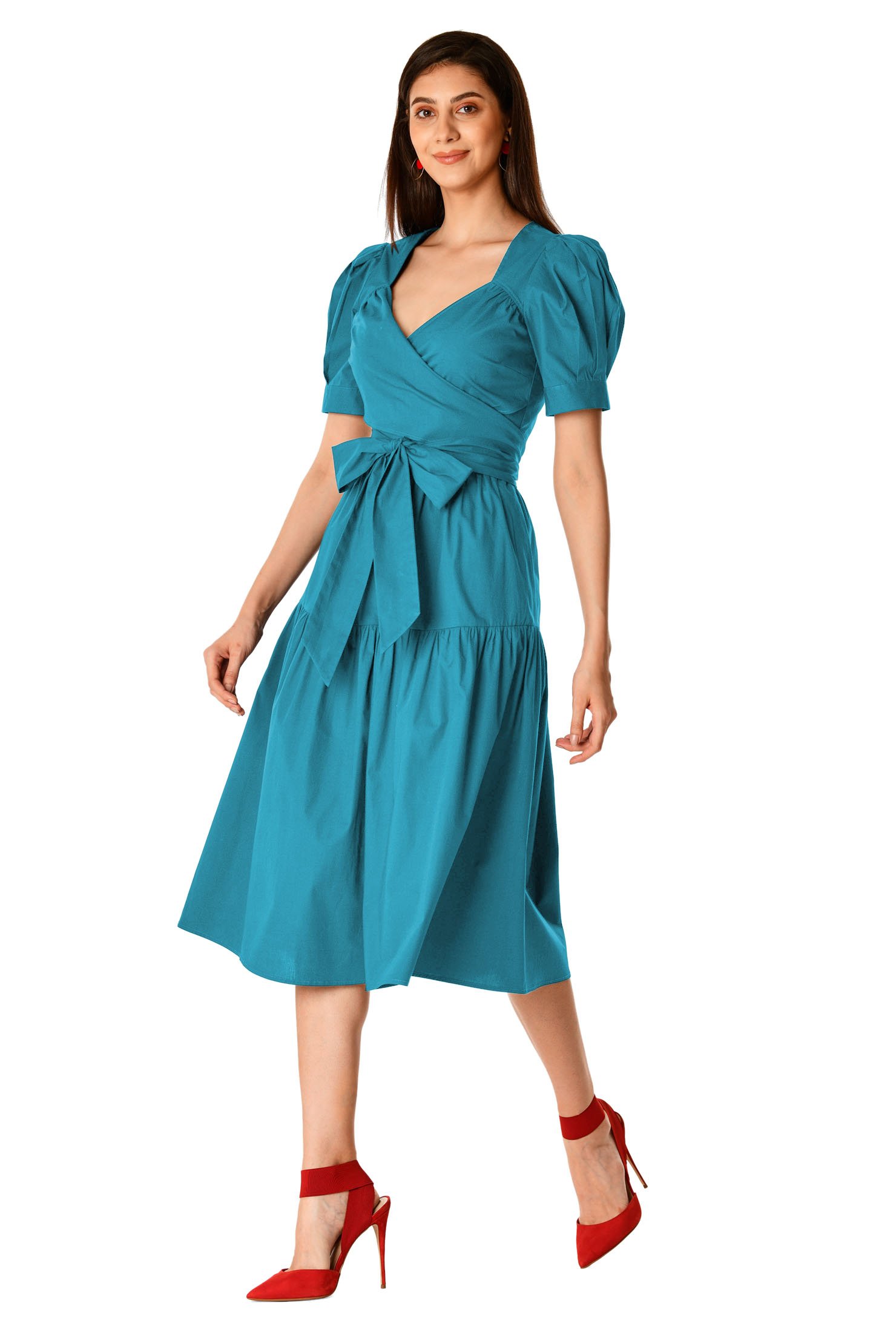 Shop Puff sleeve cotton poplin ruched surplice dress | eShakti