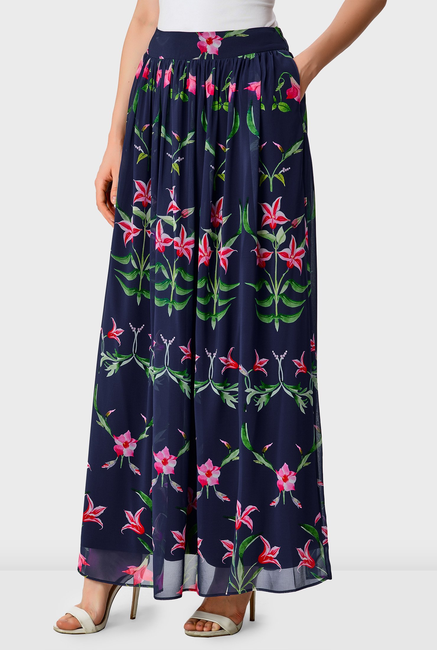 Shop Floral print georgette ruched pleat skirt | eShakti