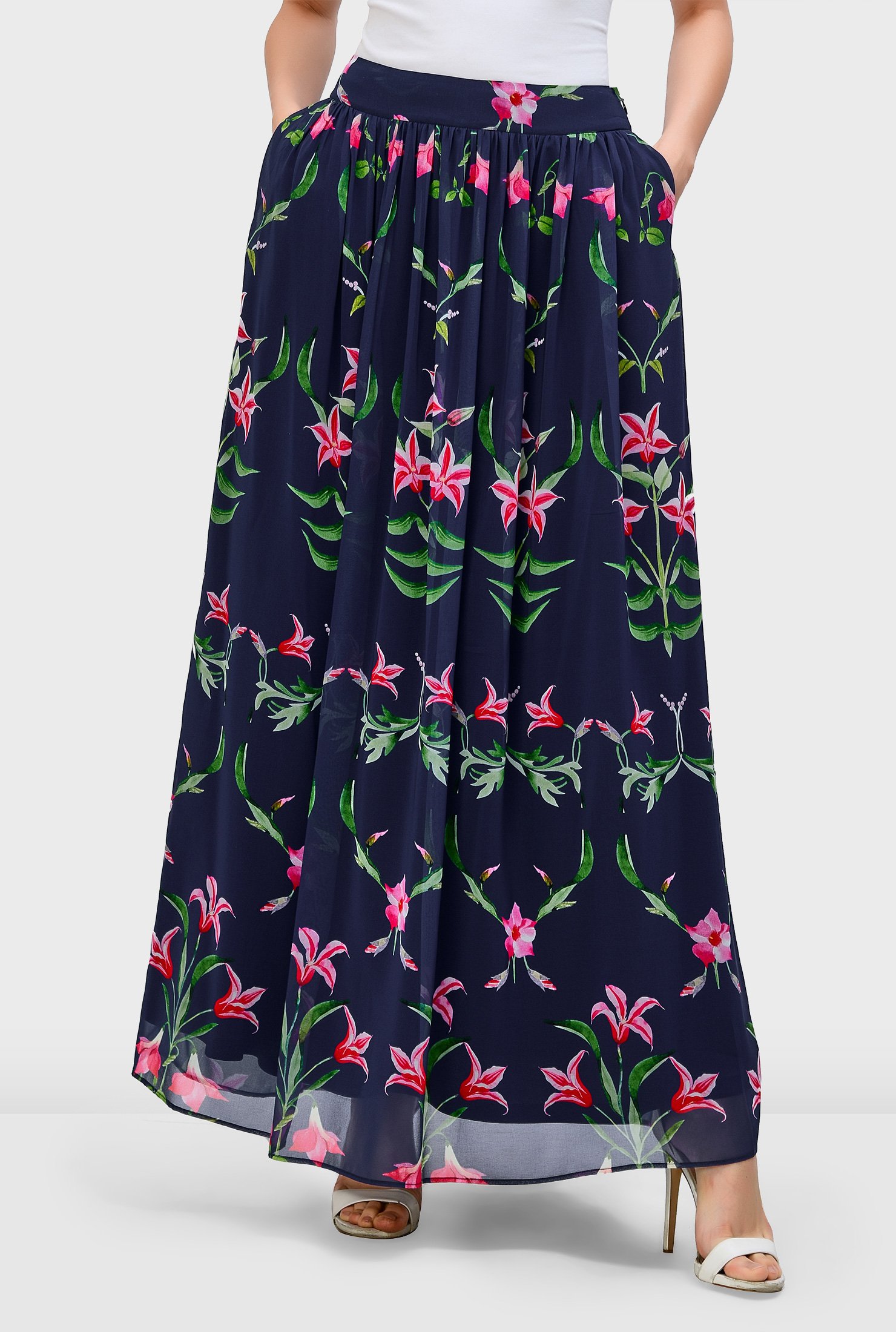 Shop Floral print georgette ruched pleat skirt | eShakti