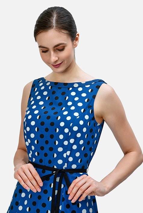 Trapunto trim polka dot print cotton A-line dress