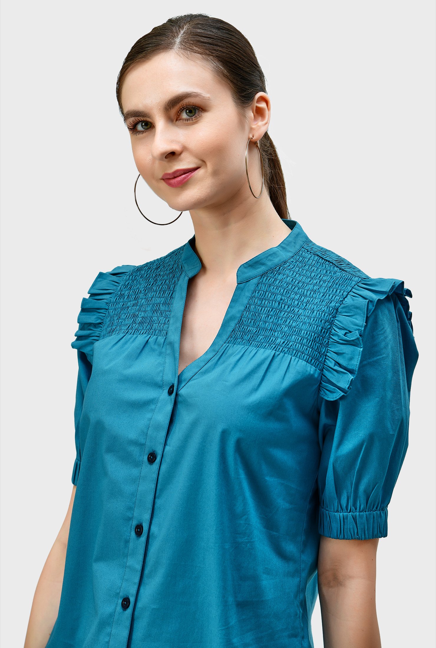 Shop Smocked yoke cotton poplin shirt | eShakti