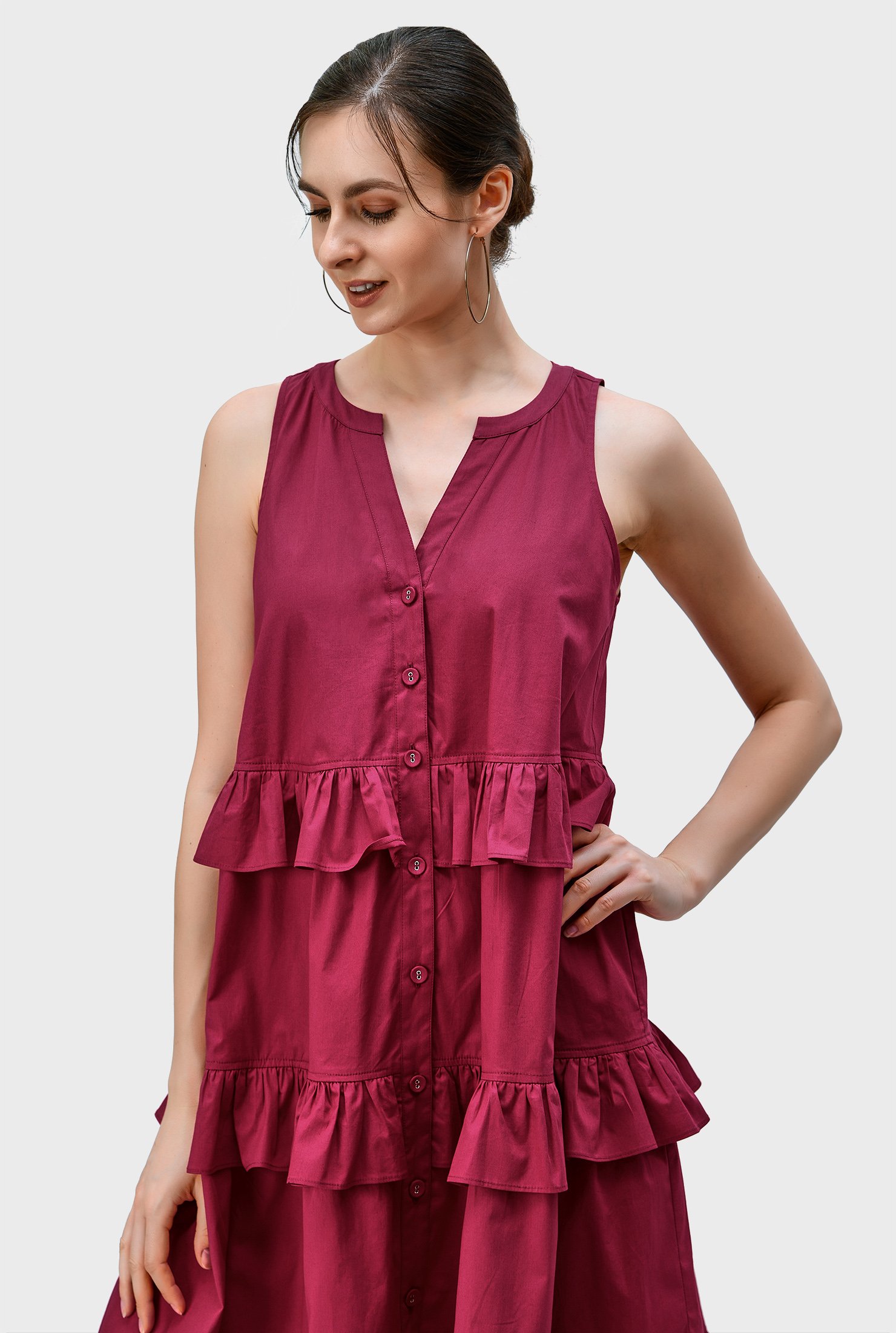 Here come the sundresses! Look on the bright side with our cotton poplin dress featuring an easy button-front, airy ruffles and a tiered full skirt.