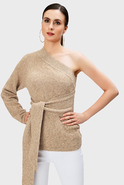 One shoulder wool blend knit sash-tie top