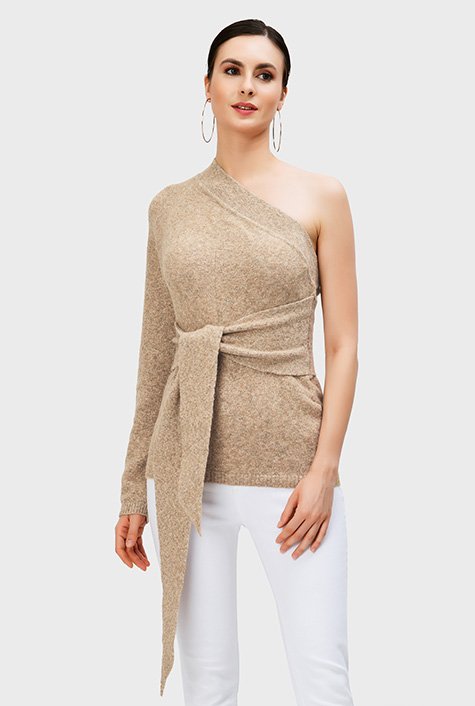 One shoulder wool blend knit sash-tie top