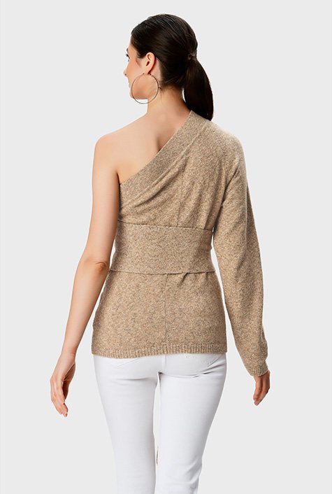 One shoulder wool blend knit sash-tie top