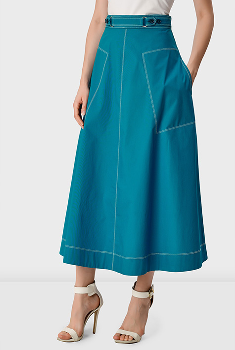 Shop Button tab waist cotton poplin skirt | eShakti