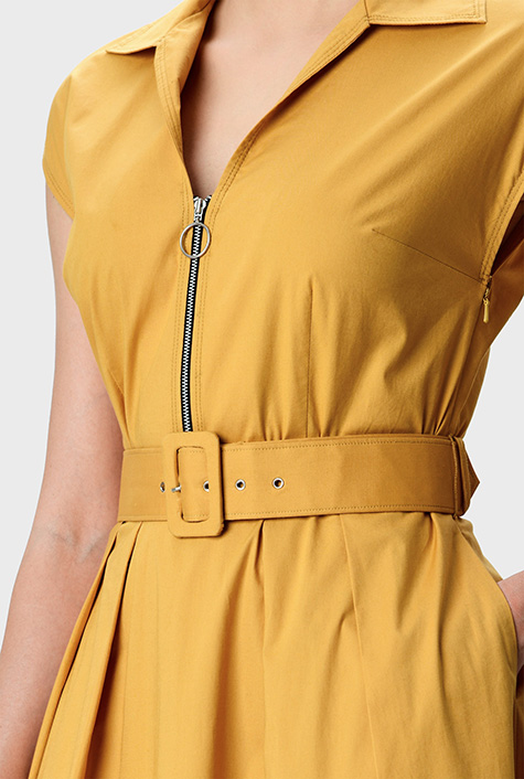 Shop Zip front cotton poplin belted dress | eShakti