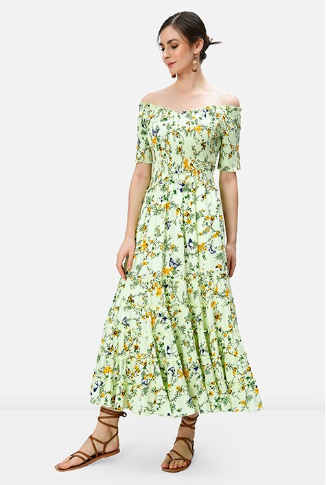 Smocked off-the-shoulder floral butterfly print tier dress