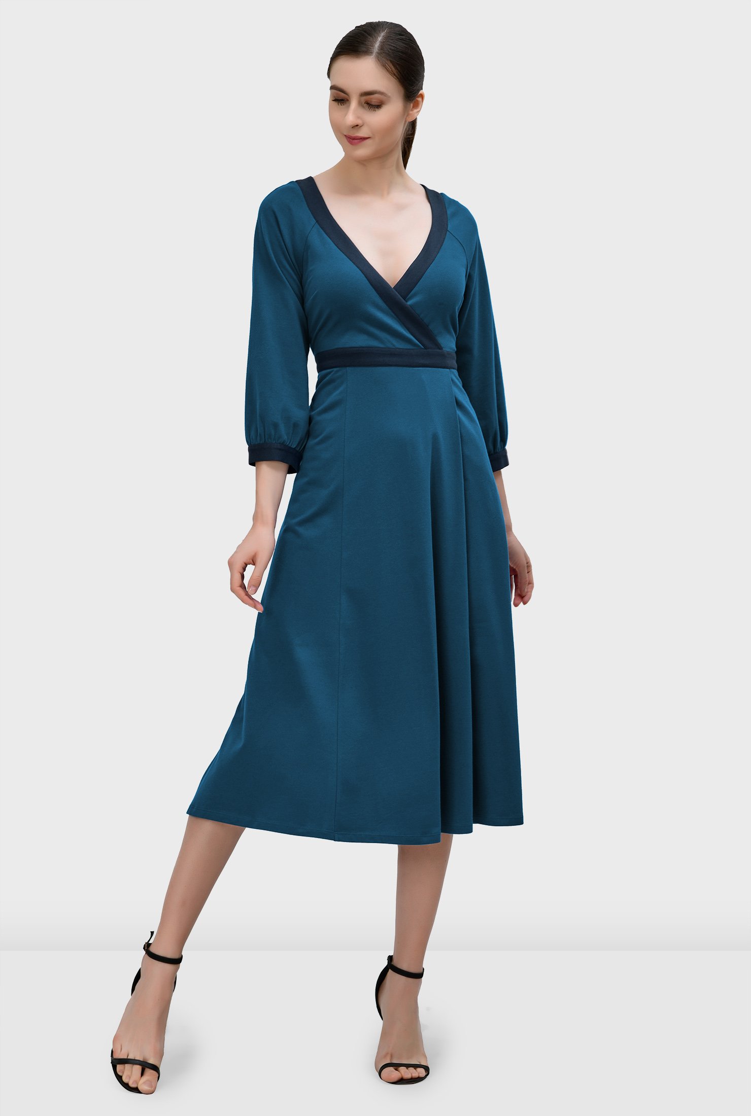 Shop Contrast trim cotton jersey knit faux wrap dress | eShakti