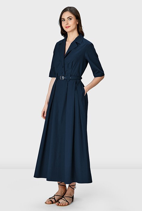 Button-tab waist cotton poplin shirtdress