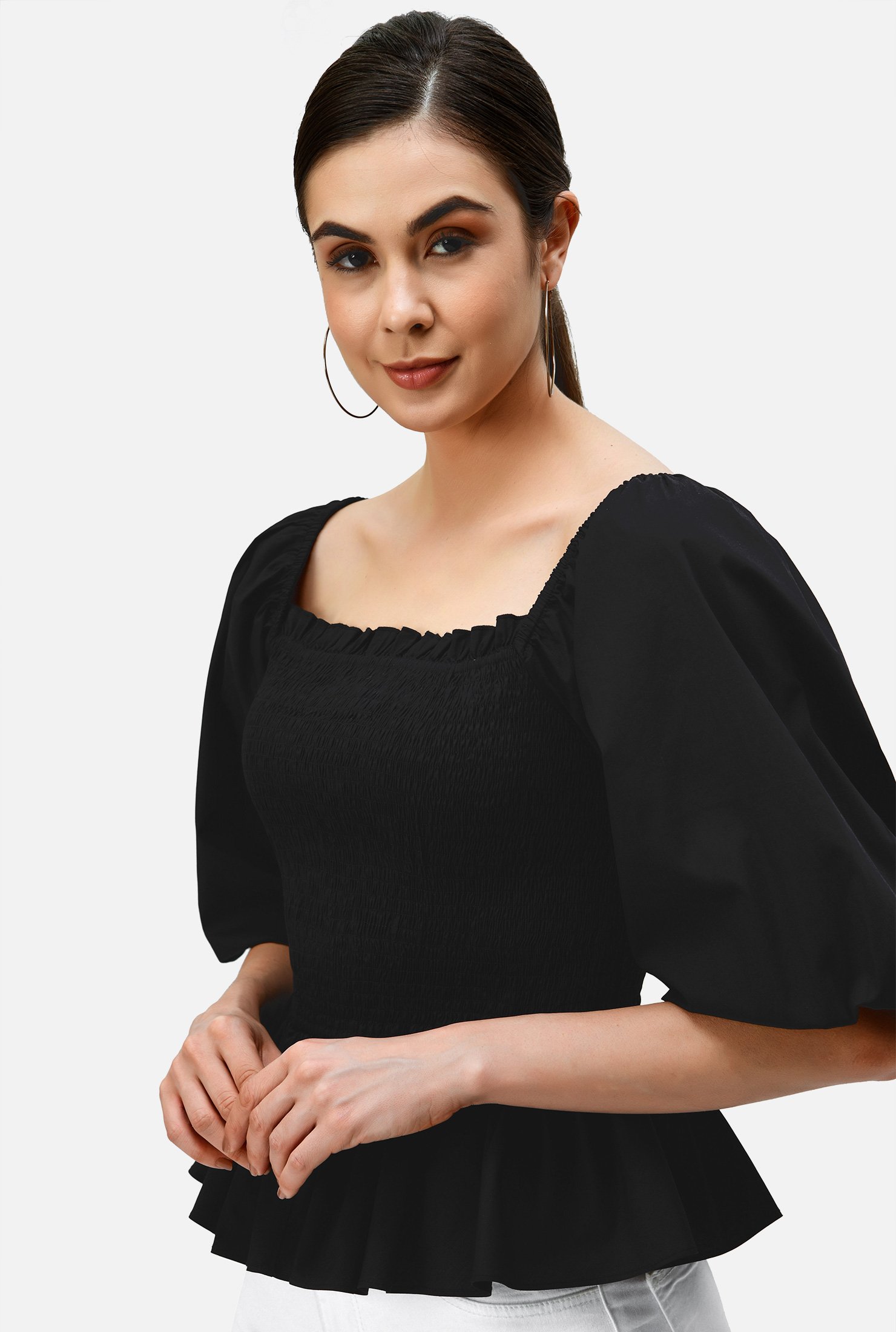 Shop Cotton poplin smocked peplum blouse | eShakti