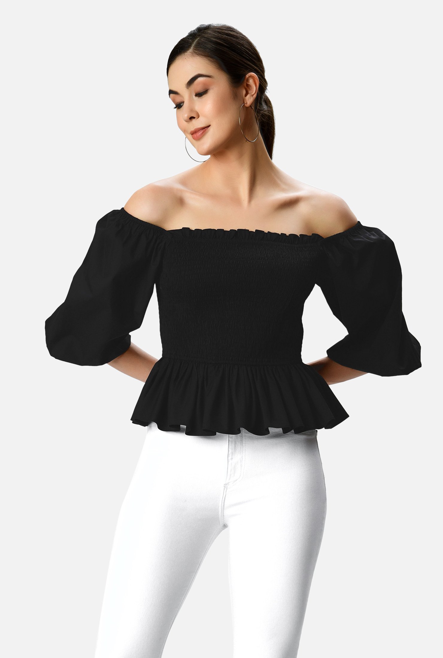 Shop Cotton poplin smocked peplum blouse | eShakti